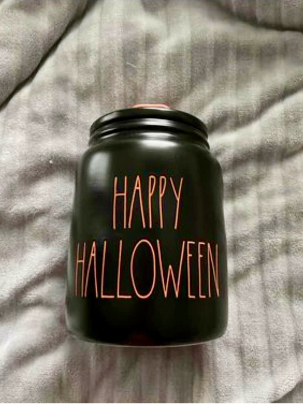 Rae Dunn Black Jar with Orange 'Happy Halloween' Script